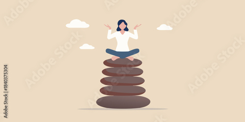Woman meditating in lotus position balanced on stacked stones with clouds