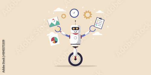 A white robot balances on a unicycle juggling automation and data elements
