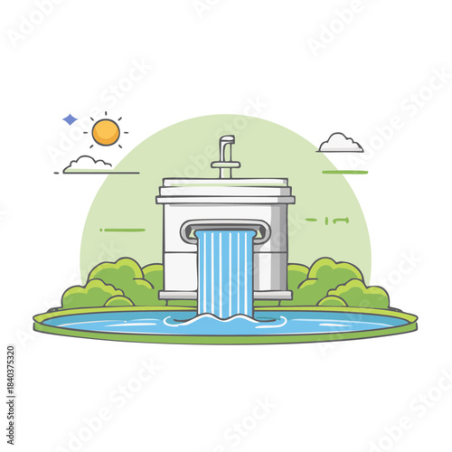 Decorative white fountain with flowing water surrounded by greenery on a sunny day