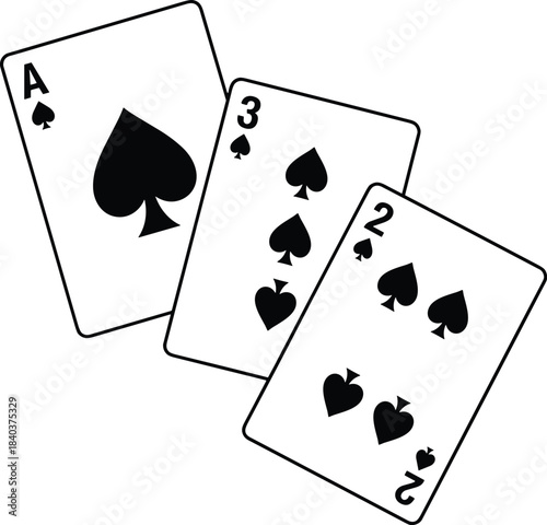 Outline drawing of three playing cards (Ace, Two, Three of Spades) overlapping, representing gambling, poker, casino, chance, games, strategy, and entertainment concepts.