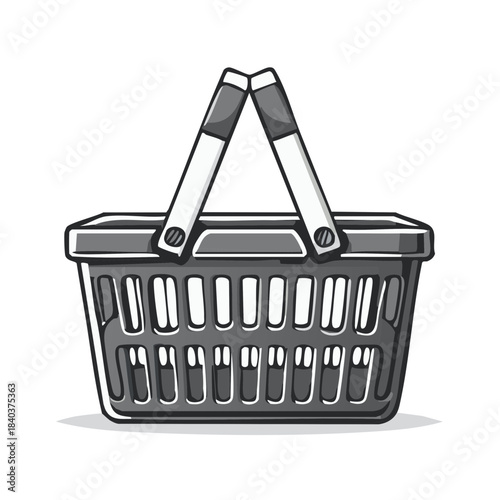 Illustration of a reusable gray shopping basket with twin handles used for carrying groceries items and merchandise in retailers