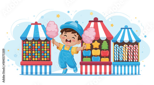Happy boy at carnival tasting delicious cotton candy surrounded by colorful sweet stands, lively cheerful fairground moment highlighting fun food and joyful childhood