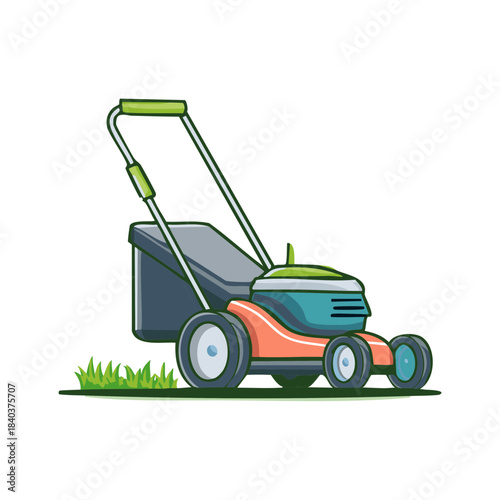 Illustration of a lawnmower in a yard mowing grass for maintenance and landscaping work, conveying outdoor summer chore and gardening equipment