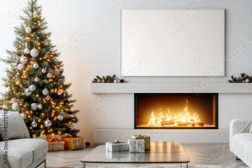 Festive Minimalist Living Room Poster Mockup with Christmas Tree