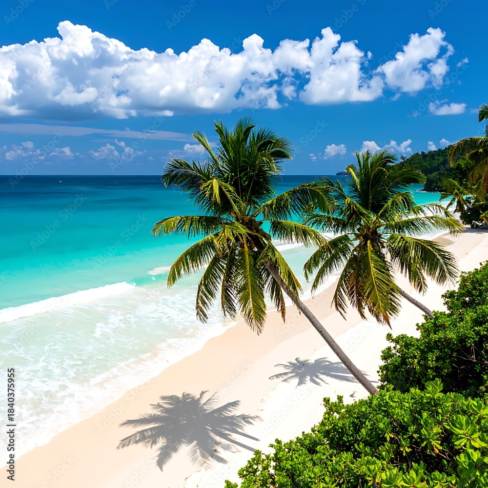 Obraz premium A tranquil beach scene with white sand, turquoise water, palm trees, and vibrant blue sky with fluffy clouds
