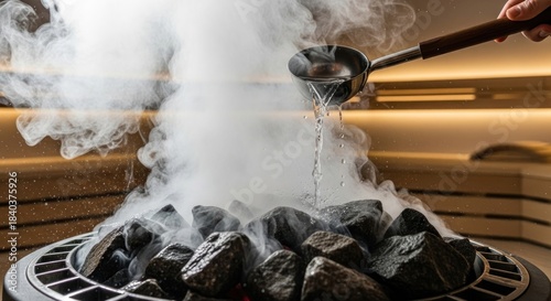 Water poured onto hot sauna rocks creating steam