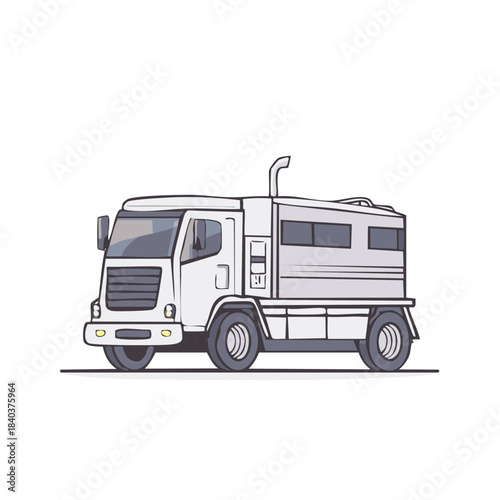 Illustration of a white utility truck with a camper cabin for overland adventures and remote location support showing mobile home functionality