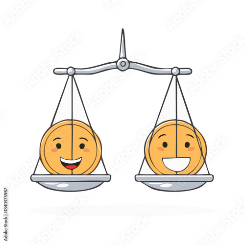 Scales balancing coins with happy face. Finance harmony, business stability, investment balance concept.