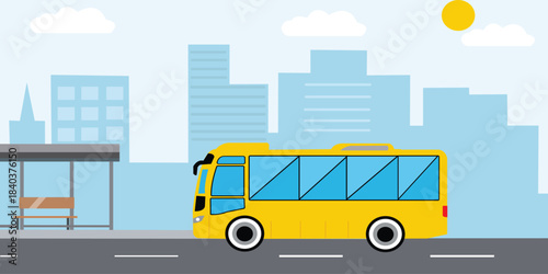yellow city bus stop. public urban transport on background of design dusk with cloud sky landscape on flat vector illustration.