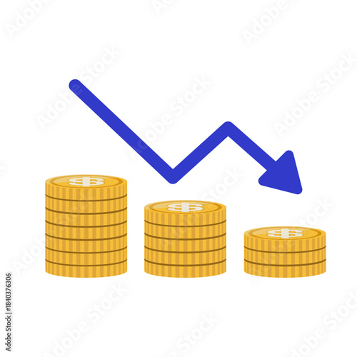 ＄マークが書かれたコインと、低迷を意味する矢印のイラスト