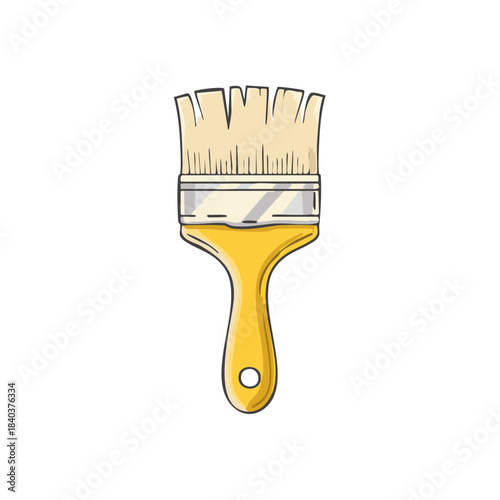 Yellow paint brush with white bristles in cartoon style for painting interior decorating