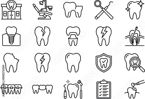 Dental icon set, tooth care symbols, orthodontics, implant, hygiene, clinic tools, cavity, protection, examination, treatment, outline, vector, collection, design, health