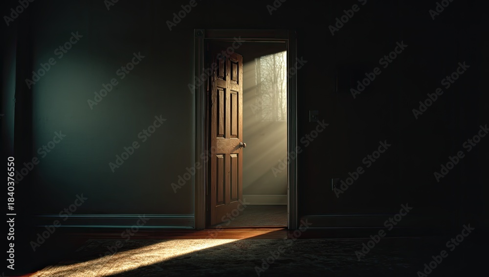 Fototapeta premium Bright sunlight pours through a slightly ajar wooden door into a dark room