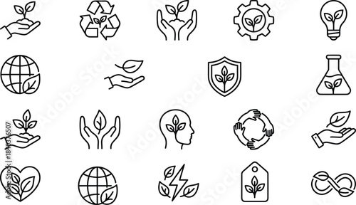 Eco icon set, sustainability symbols, green lifestyle, recycling, renewable energy, nature protection, environmental care, clean technology, outline vector illustration collection