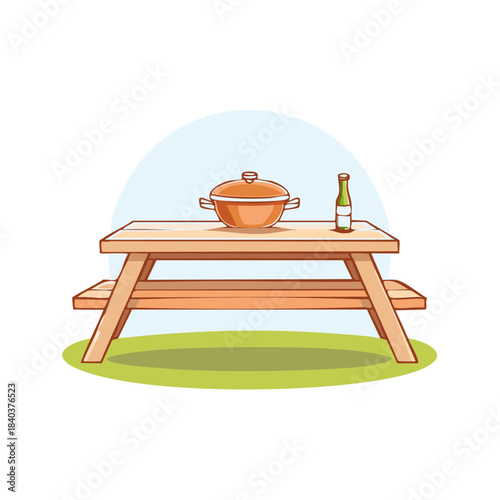 Picnic Table with Pot and Drink Bottle Outdoor Recreation Area Park Illustration