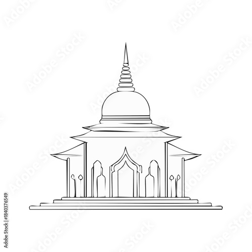 Detailed black line drawing of a stylized Buddhist stupa on white background for use as an illustration or design element