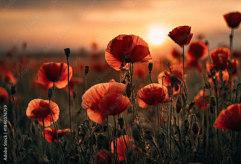 Fototapeta premium Red poppy flowers backlit by a warm golden sunset glow, creating a peaceful field scene