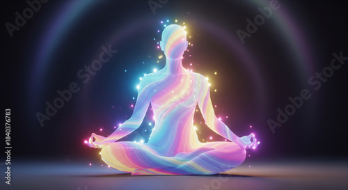 Spiritual energy flowing from human figure meditating in lotus pose