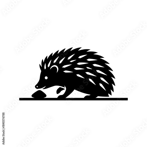 Hedgehog silhouette picking up small stone with nose vector illustration