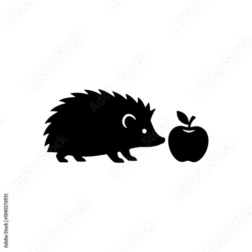 Hedgehog silhouette interacting with single apple vector illustration
