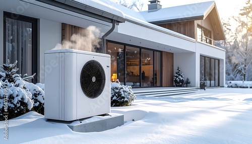 Modern heat pump system operating efficiently in a snowy winter landscape.