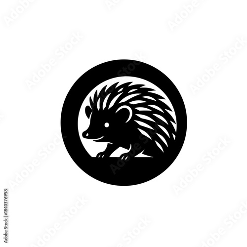 Hedgehog silhouette emerging from behind large circle vector illustration