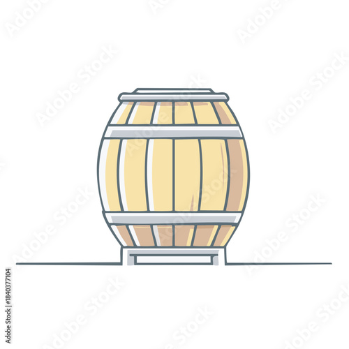 Illustration of a wooden barrel with metal hoops and a stand, container for aging beverages