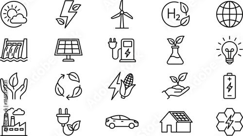 Renewable energy icon set, eco power symbols, sustainability, solar, wind, biofuel, green technology, clean energy, environment, outline vector collection