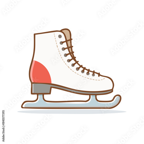 Single white figure ice skate with silver blade and brown laces for winter fun