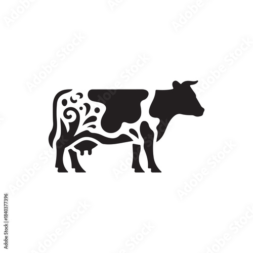 Dairy Delight: A stylized graphic of a dairy cow showcasing ornate patterns against a stark contrast, exuding a touch of elegance within a rural setting.