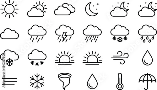 Weather icon set, forecast symbols, climate illustration, sun, cloud, rain, snow, storm, wind, temperature, meteorology, outline, vector, collection, minimal, design