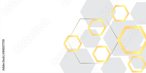 Modern luxury horizontal banner background with layers of golden hexagon shapes and shadow decoration. Trendy simple pentagon shape texture design. Luxury and elegant concept. eps 10