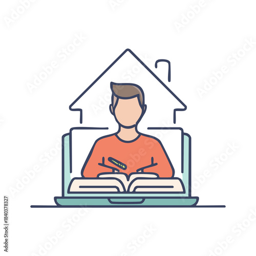 Learning at home with online education person using laptop and book for self study