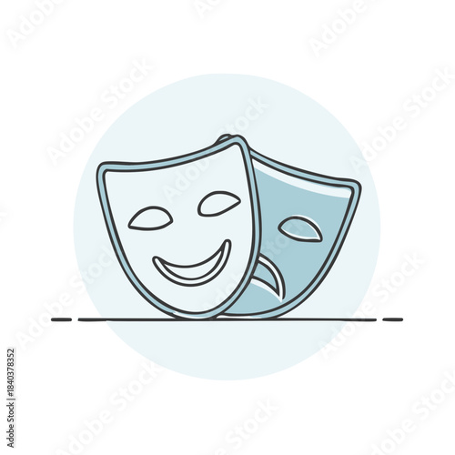 Comedy and tragedy theatrical masks with happy and sad expressions in simple line art
