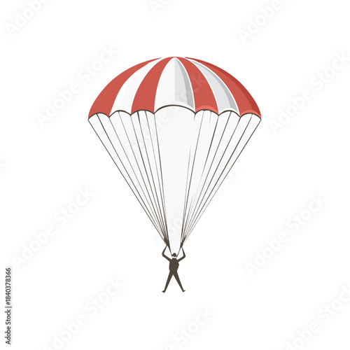Skydiver descending with a red and white parachute, open canopy, illustration of adventure sport on white