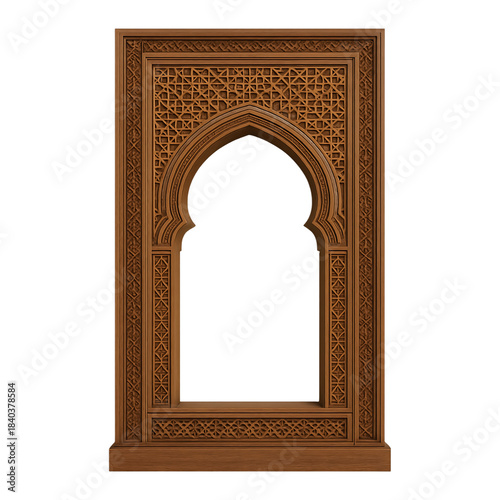 Traditional islamic arch carved with intricate geometric patterns elegant window frame for mosque or palace interior design brown wood
