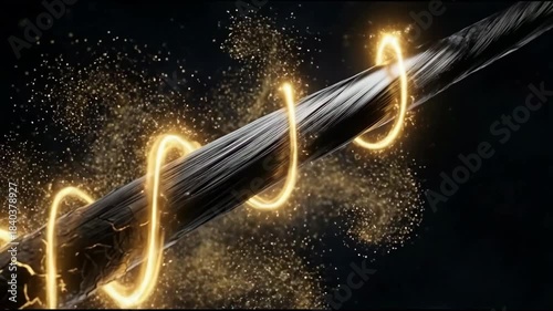 Close-up of damaged hair being repaired with golden energy and particles, Microscopic view of hair follicle transformation with glowing elements