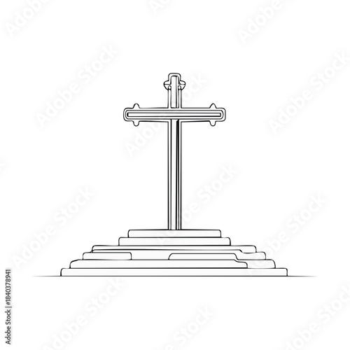 Christian Cross atop Steps Line Art Symbol of Faith and Spirituality