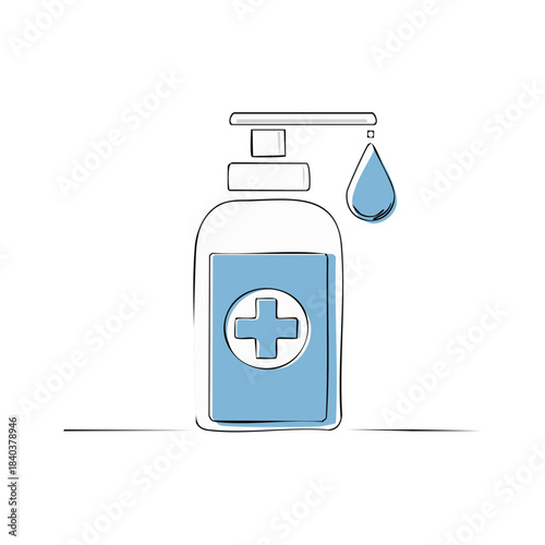 Illustrated sanitizer dispenser with drop for virus protection and hygiene maintenance simple medical health treatment equipment graphic