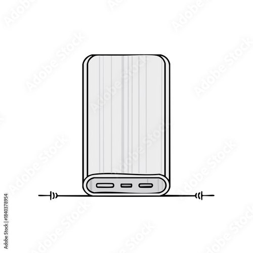 Hand-Drawn Portable Power Bank: Phone Charger Illustration, Device with Ports, Rechargeable Battery, Simple Outline, Electronic Gadget