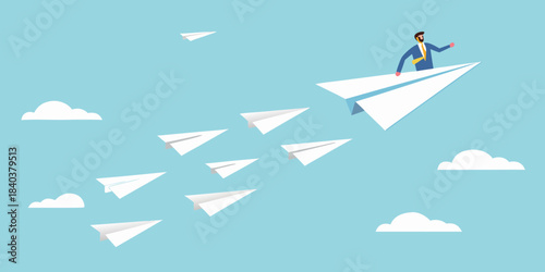 A businessman soaring through the sky on a paper airplane journey