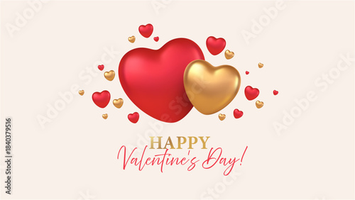 Red and Gold heart balloons and 3D romantic shapes create a sweet Valentine's Day scene perfect for love celebration cards, wedding invitations, or holiday greeting designs with heartfelt charm