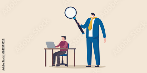 A large figure investigates a person working on a laptop with a magnifying glass