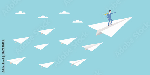 A businessman confidently navigates the skies on a paper airplane