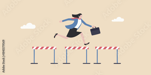 Businesswoman confidently leaps over hurdles representing overcoming challenges in a career
