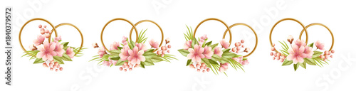 Elegant gold wedding rings with delicate watercolor flowers, perfect for engagement invitations, anniversary cards, or marriage ceremony designs with realistic floral details