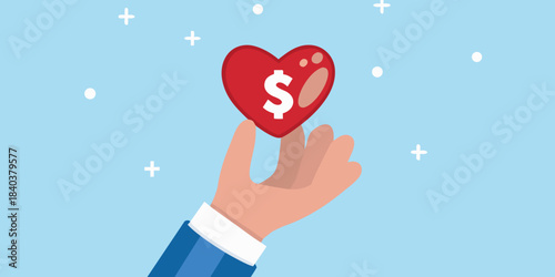 A hand offering a red heart with a dollar sign symbolizing love and finance
