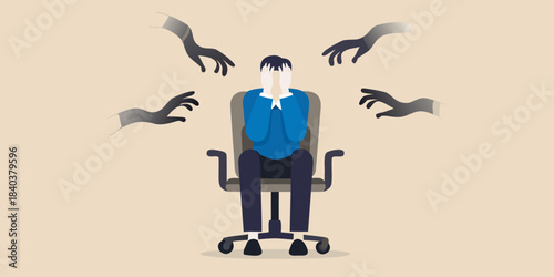 A man overwhelmed by shadowy hands representing anxiety and mental distress
