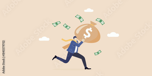 A businessman running with a large bag of money chasing financial success