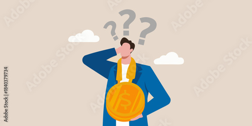 A confused businessman with a gold medal ponders questions in the clouds